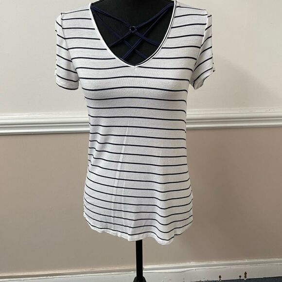 Glitz Navy and White Striped Cross Front Blouse - Picture 1 of 5